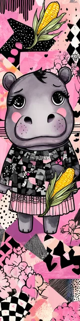 Free kawaii bookmark featuring a cute hippo wearing a skirt and holding corn